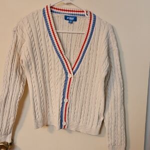 Prince Cable Knit Cardigan with Red and Blue Trim